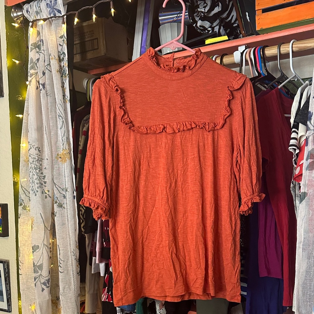 DownEast Ruffle Yoke Short Sleeve Top in Rust Orange